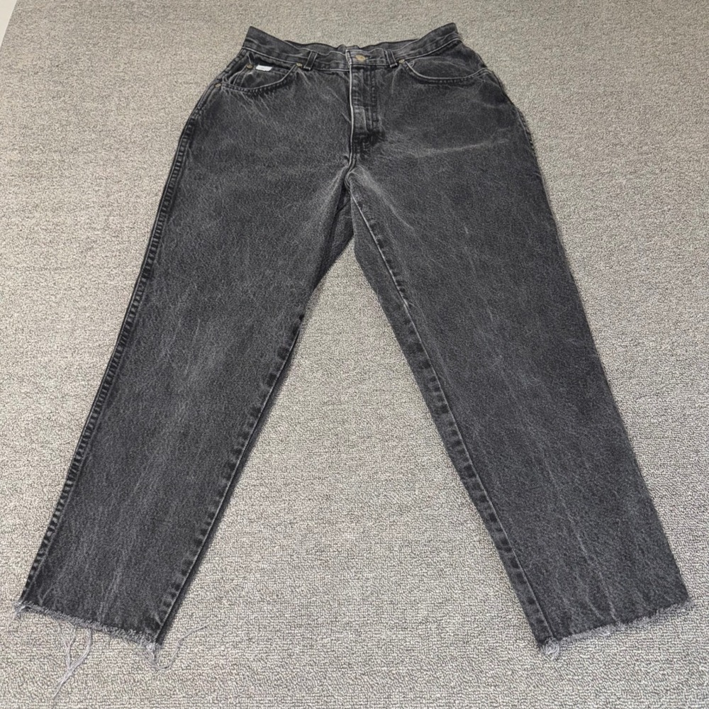 Vintage Chic Jeans 14 Petite Black Acid Wash High Rise Tapered Raw Hem USA Made